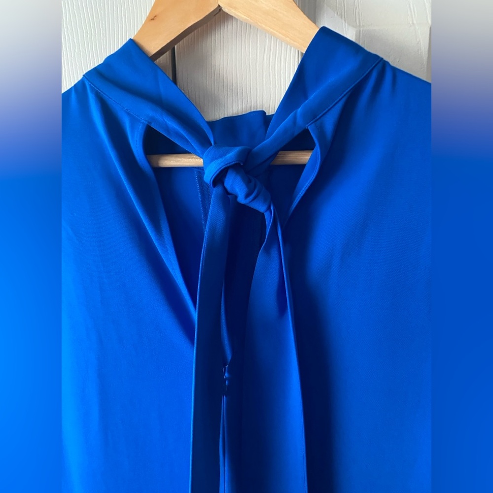 🆕REISS Libby Cobalt Blue Mock Neck Fit & Flare Asymmetrical Hem Midi Dress 8 - Picture 10 of 15